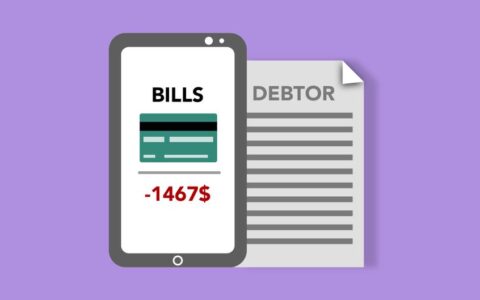 Vector illustration of smartphone with credit card picture and bills inscription placed near debtor document against purple background